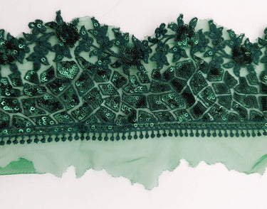 Green Net Lace Trim with Floral Embroidery And Sequins, Sari Border, Embroidered Trim